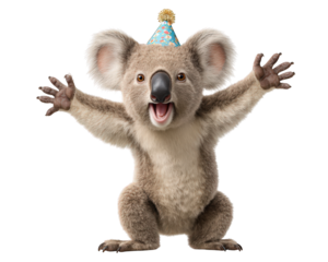 Happy and cute koala character with party hat on isolated background. funny animal showing joyful expression, perfect for birthday or celebration greeting