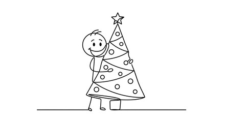Fototapeta premium Stick Figure Hugging Decorated Christmas Tree with Star Topper on White Background