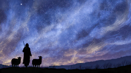 Shepherd watching over his flock under starry night sky