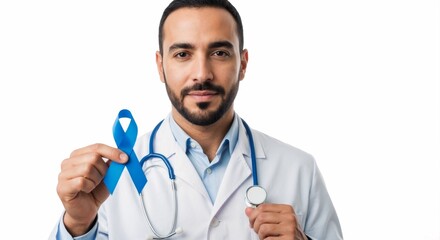 Middle Eastern doctor holding a blue ribbon for prostate cancer awareness. Men's health and medical prevention concept. Isolated on a white background