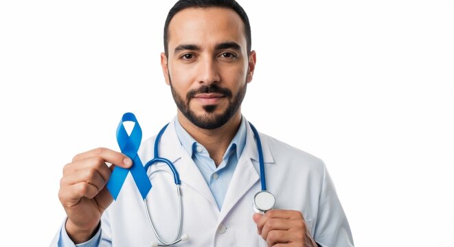 Middle Eastern doctor holding a blue ribbon for prostate cancer awareness. Men's health and medical prevention concept. Isolated on a white background - Powered by Adobe
