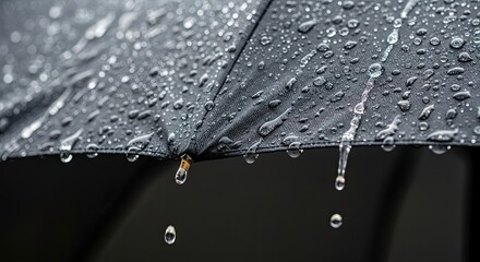 Macro shot of raindrops clinging to black umbrella with water dripping down. Perfect for rainy weather, nature, and emotional mood content