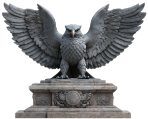 Majestic stone eagle statue with wings spread, powerful monument. This gray sculpture, an outdoor element on pedestal, shows strong, intimidating bird of prey