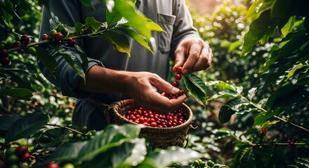 hands picking ripe coffee beans from plant