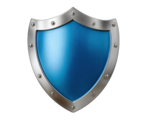 Blue and silver shield icon providing strong protection and digital cybersecurity. Symbol of safety and defense for data, representing secure technology isolated on background