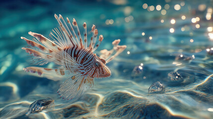 Vibrant lionfish gliding through Caribbean shallows