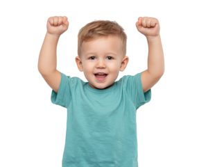 Happy baby boy celebrating joyfully with raised arms. cheerful toddler looking excited, cheering with big smile isolated on transparent background