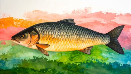 Fototapeta premium Artistic Watercolor Fish with Detailed Scales and Colorful Abstract Background