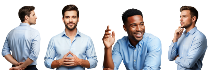 Men in light blue shirts business portraits various poses, business man, office professional, Isolated on transparent background, png
