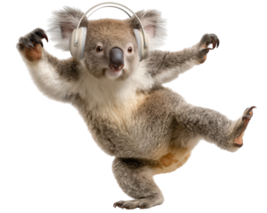 Funny koala character dancing with joyful expression. cute animal wearing headphone listening to music, happy and energetic on an isolated background