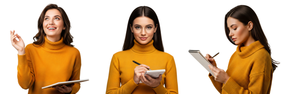 Woman in mustard sweater writing notes with notepad and calculator, note taking, writing notes, Isolated on transparent background, png