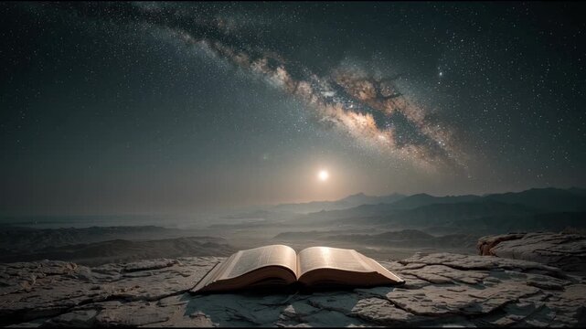 Celestial Pages: An open book rests upon a rocky outcrop under a starlit sky, the pages illuminated by a celestial glow. This image portrays themes of knowledge, spirituality.