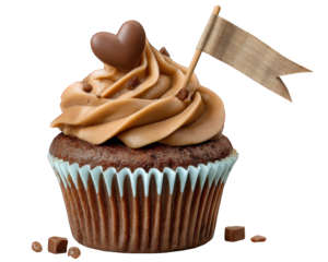 Romantic chocolate cupcake with sweet brown frosting and heart topper. This gourmet dessert food delicious and happy treat for celebration or special occasion