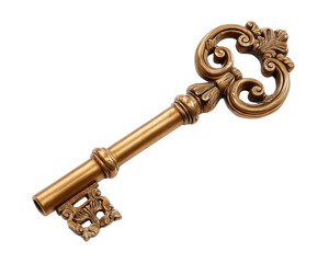 Mysterious golden key with an ornate antique handle. Luxury clipart representing secret, opportunity, or solution. An isolated decorative object for elegant design