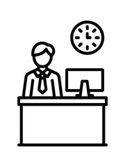 Businessman at Desk with Computer and Clock Icon Office Worker Line Art Design Business Hours