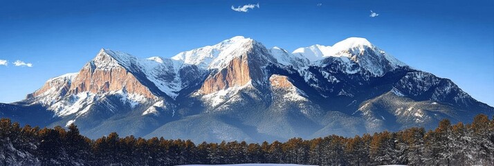 Breathtaking View of Snow-Capped Mountain Peaks Under a Clear Blue Sky with Lush Evergreen Forests