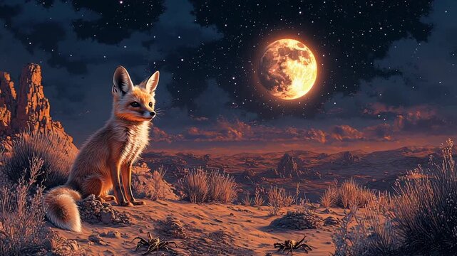 Fennec Fox Under a Full Moon in the Desert Landscape.