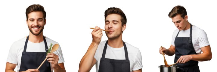 Male chef in apron cooking with wooden spoon and pot, chef cooking, chef with spoon, Isolated on transparent background, png