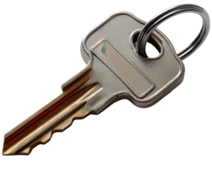 Single modern metal key object for home security, representing concept of access to unlock door. This isolated key symbol of opportunity and safety