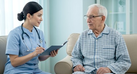 Female nurse in blue uniform interviews elderly man about his health while taking notes in nursing home. Perfect for geriatric care, mentoring, and compassionate content.