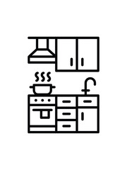 Modern Kitchen Interior Design with Appliances Cooker Hood Stove Sink Cabinet Minimalist Line Icon Graphic Element