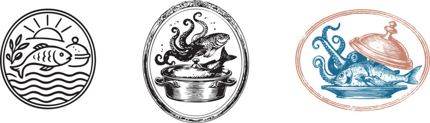 Adobe Illustrator Artwork, logo about  a traditional copper serving dish and a seafood restaurant