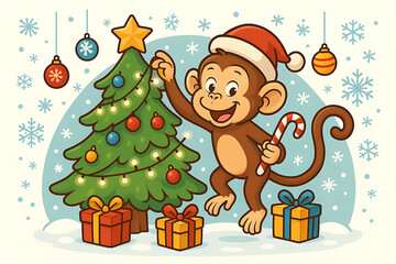 Cute Monkey with Christmas Tree – Cheerful Holiday Illustration and Festive Scene