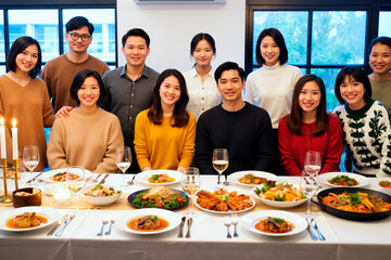 Group of young adult Asian men and women sitting together at dining table smiling and posing for camera with various dishes and drinks arranged in front during festive meal gathering