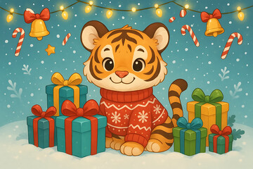 Cute Christmas Tiger Illustration – Festive Holiday Art with Gifts and Decorations