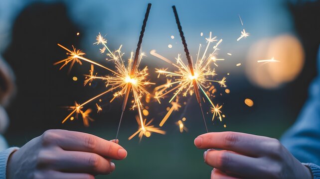 Two hands holding bright sparkling sparklers creating a magical glowing light show against a blurred background at night
