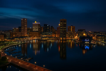 Fototapeta premium Night City Skyline with Reflections on Water – Urban Lights and Modern Architecture