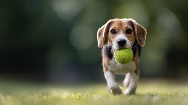 Beagle puppy sprinting across sunlit grass, playfully carrying a bright green tennis ball in its mouth, joyful energy and youthful agility in a park setting - Powered by Adobe