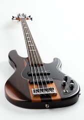 Obraz premium Vintage Black and Brown Electric Bass Guitar on White Background