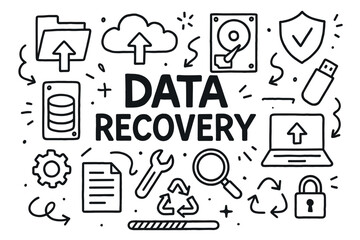 Naklejka premium Data recovery concept with cloud, hard drive, and tools doodles