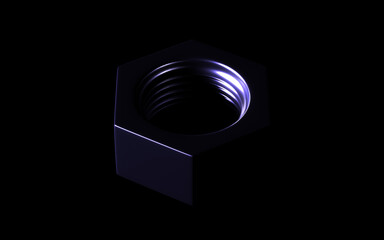 Set of 3D-rendered metal fasteners: bolt, hex nut, and wing nut with glossy, futuristic purple-blue studio lighting on a deep black background. Industrial design and technology concept