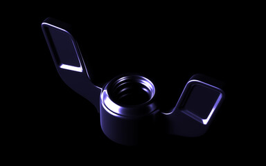 Set of 3D-rendered metal fasteners: bolt, hex nut, and wing nut with glossy, futuristic purple-blue studio lighting on a deep black background. Industrial design and technology concept