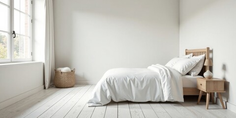 Serene Minimalist Bedroom Interior Design with Light Wood Furniture and Crisp White Bedding