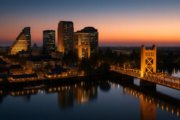 Fototapeta premium City Skyline with Illuminated Bridge at Sunset – Urban River Reflection and Golden Hour Cityscape