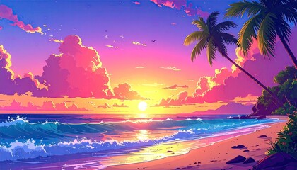 Pixel Art Sunset Beach Scene with Palm Trees