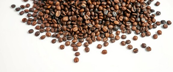 Naklejka premium A profusion of coffee beans scattered on a pristine white surface, pile, caffeine