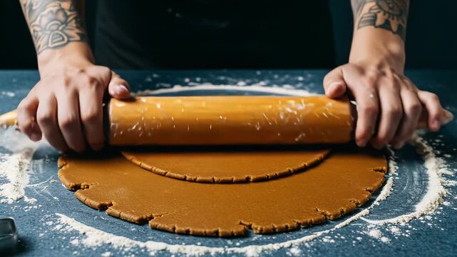 Person rolling out gingerbread dough with a rolling pin