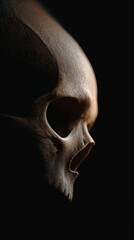Obraz premium Extraterrestrial skull with an elongated cranium and textured surface in profile, illuminated by dramatic chiaroscuro lighting, creating a mysterious and foreboding atmosphere