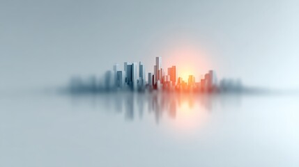 Obraz premium Minimalist cityscape presenting a futuristic urban concept with a glowing light rising over buildings and reflecting on a clean surface, emphasizing growth and technological advancement