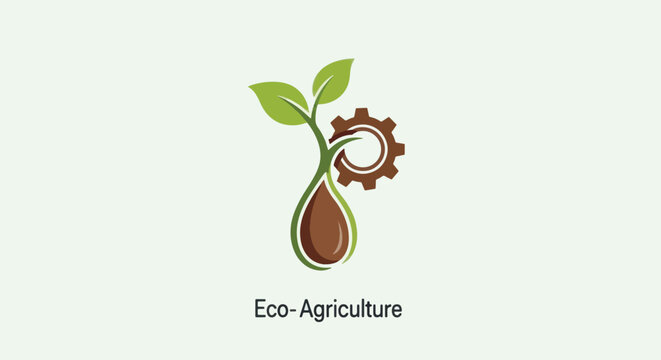 Eco-agriculture logo with a plant sprout and industrial gear. A concept for sustainable farming, agritech, and green innovation. Vector icon for modern industry and biotechnology