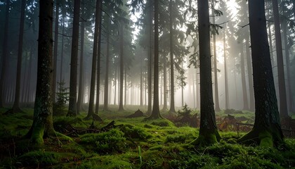 Misty forest scene, sunbeams through trees