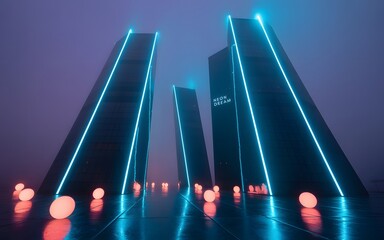Futuristic neon lit monoliths pierce the foggy night sky casting vibrant blue and pink reflections on a wet reflective surface below
