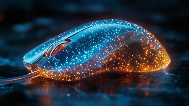 Futuristic Glowing Computer Mouse with Digital Particles.