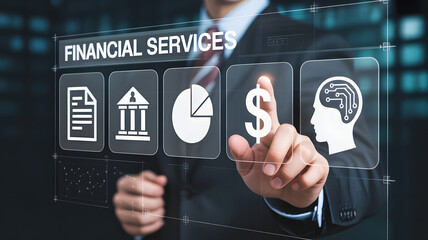Professional taps innovative financial services interface, driving investment and growth, modern business solutions, data analysis, and financial planning