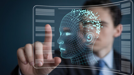 Innovative technology interface with human brain simulation for futuristic projects, exploring artificial intelligence and advanced data analysis, modern concept