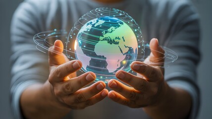 Person holding a glowing holographic digital globe in their hands representing global connectivity and technology